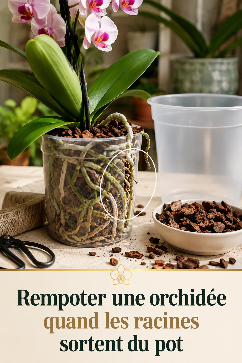 Visuel Pinterest pour rempoter une orchidée quand les racines sortent du pot