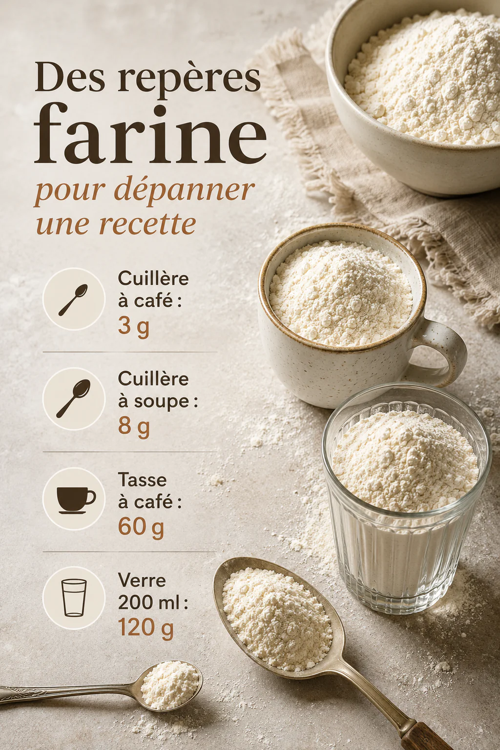 Infographie de repères pour mesurer la farine sans balance