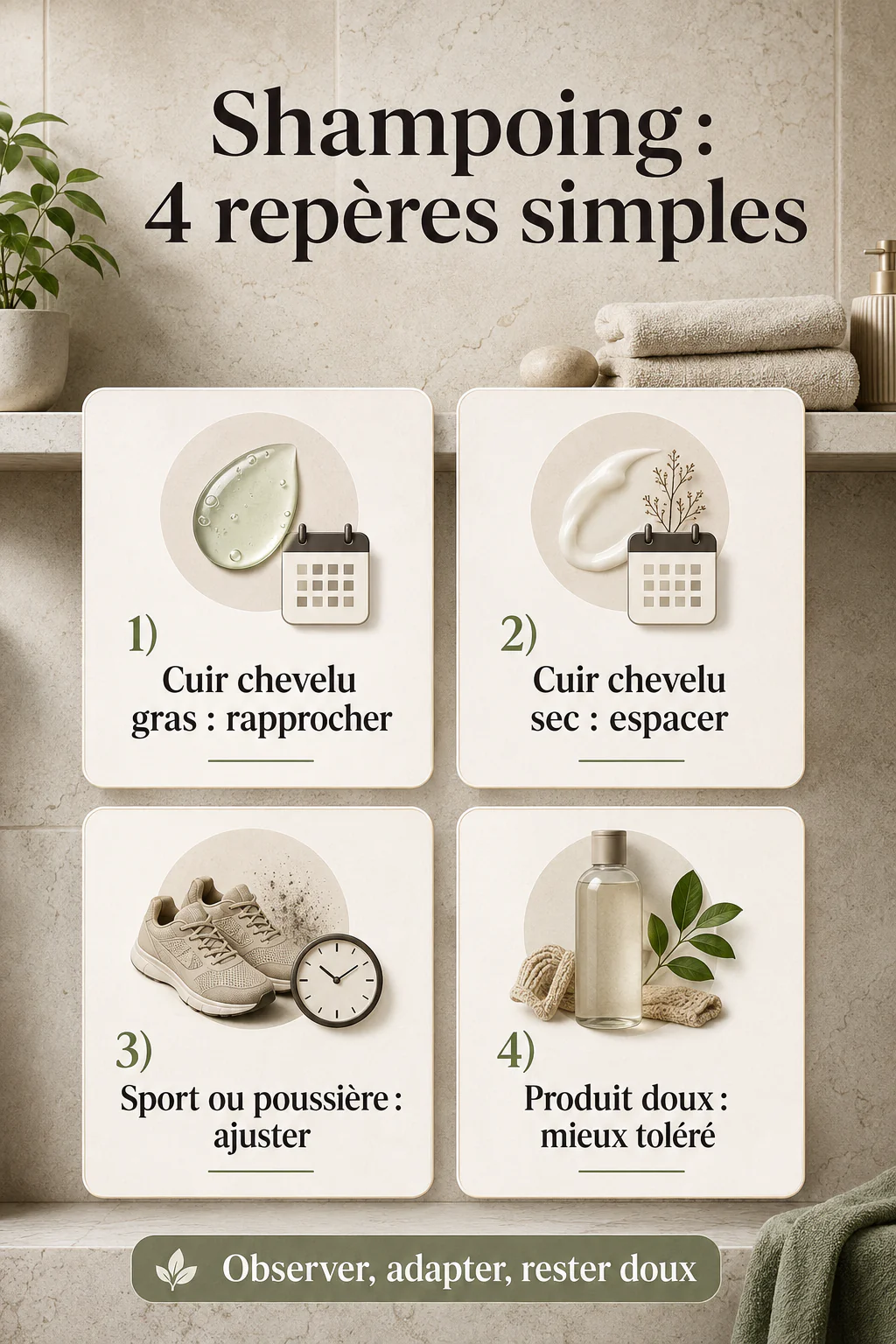 Infographie avec quatre repères simples pour adapter la fréquence de shampoing