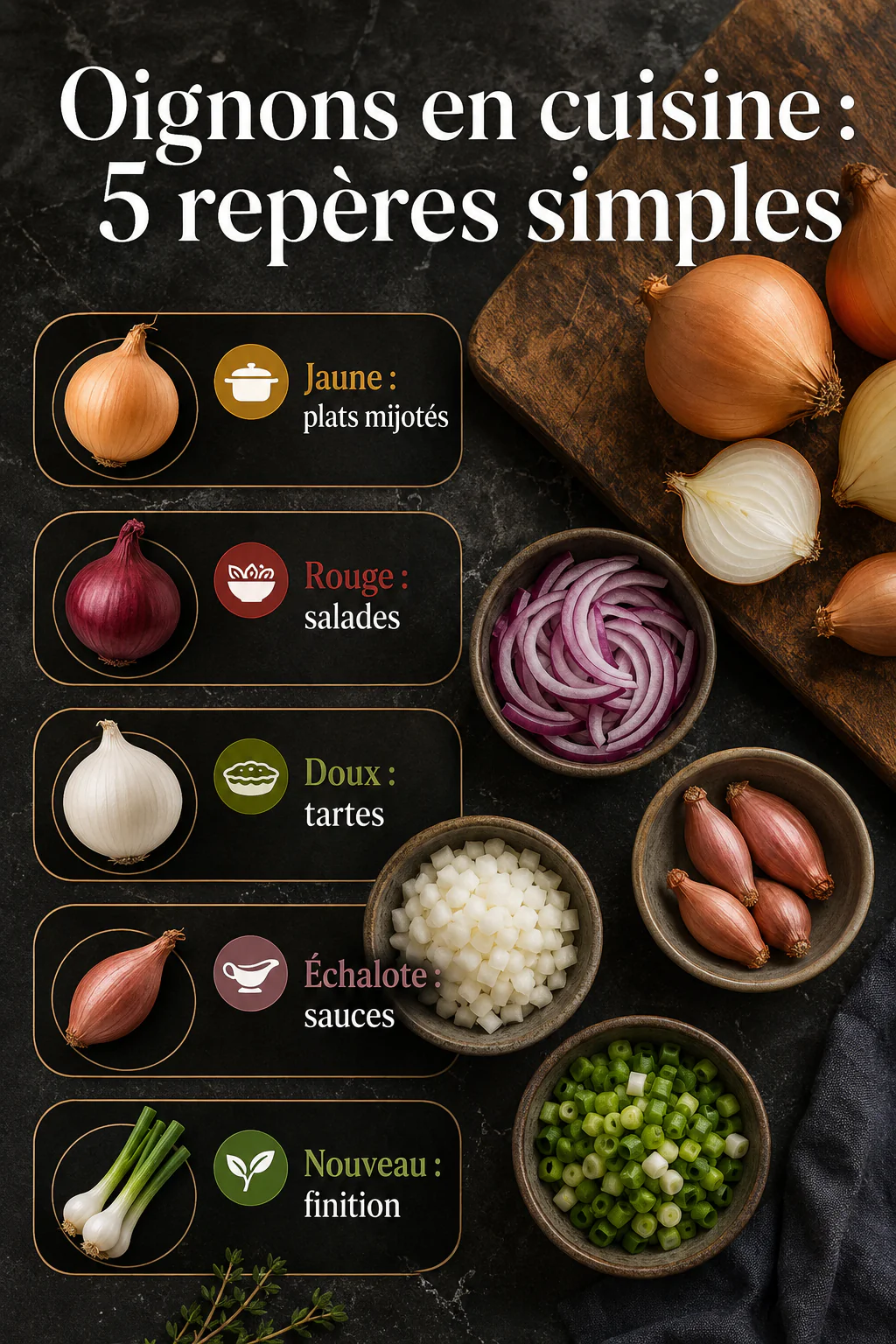 Infographie indiquant cinq repères simples pour utiliser les oignons en cuisine