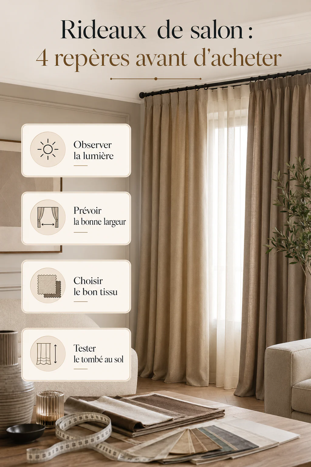 Infographie avec quatre repères pour choisir des rideaux de salon