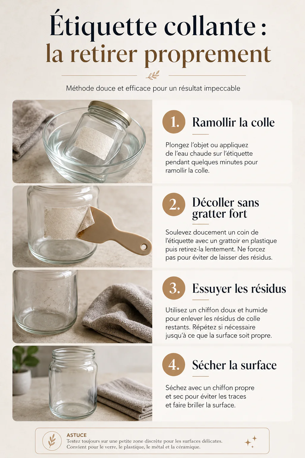 Infographie des étapes pour retirer une étiquette collante proprement