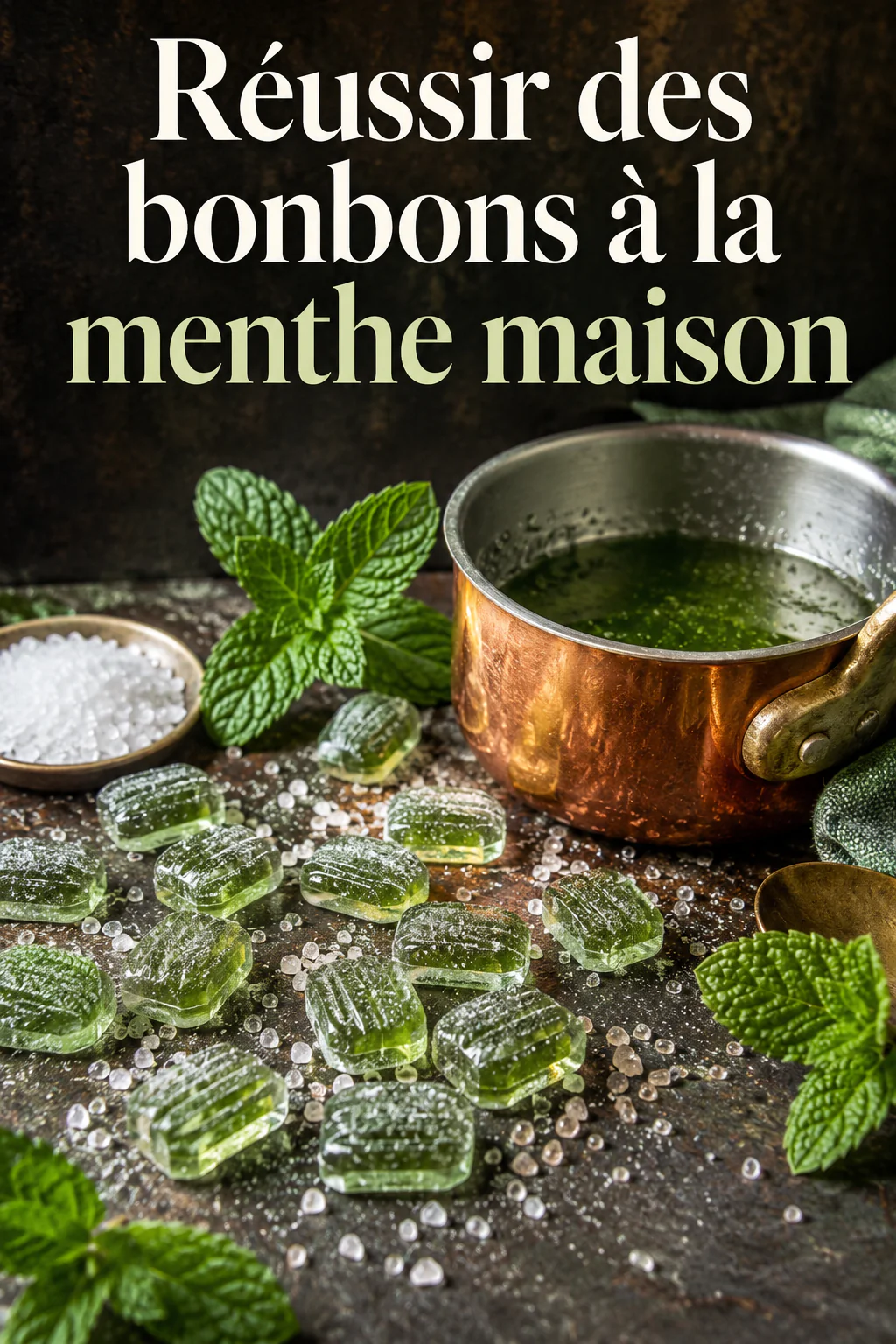 Visuel Pinterest avec bonbons à la menthe et titre Réussir des bonbons à la menthe maison