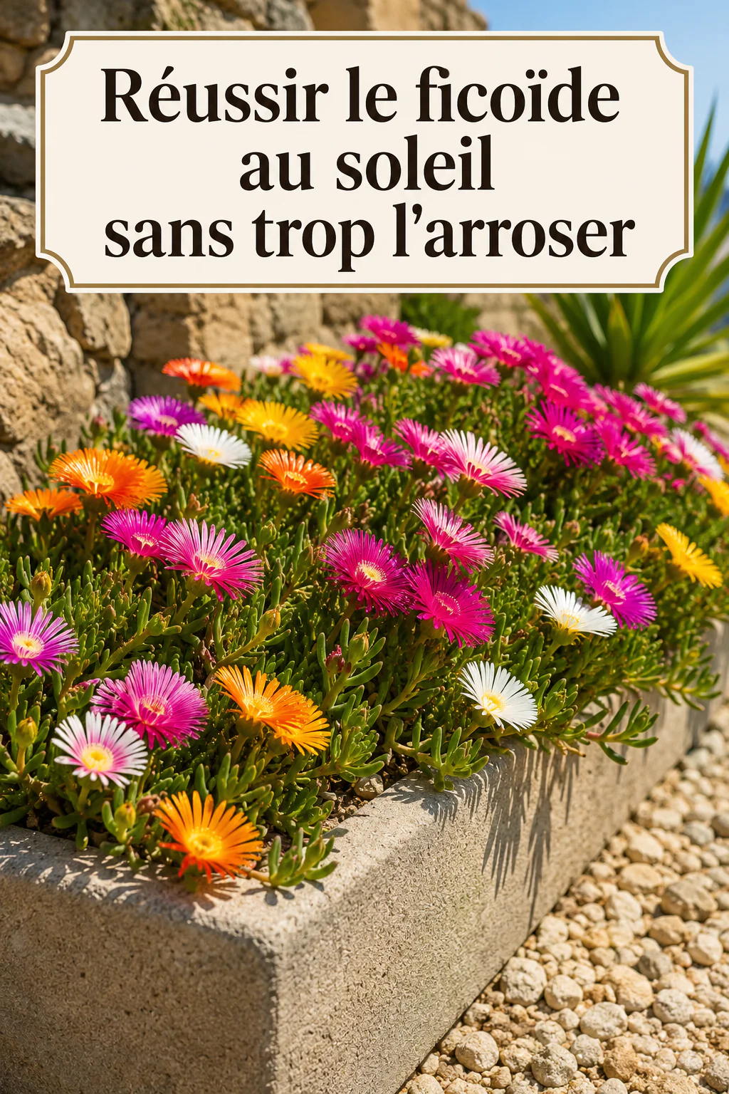 Titre Pinterest sur la réussite du ficoïde au soleil sans excès d'arrosage