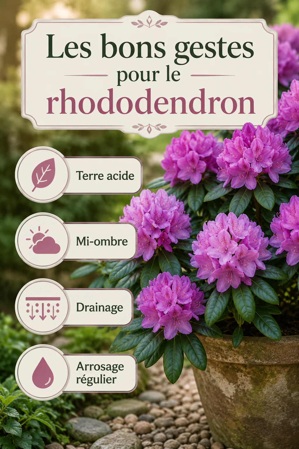 Infographie avec les bons gestes pour réussir un rhododendron en pot