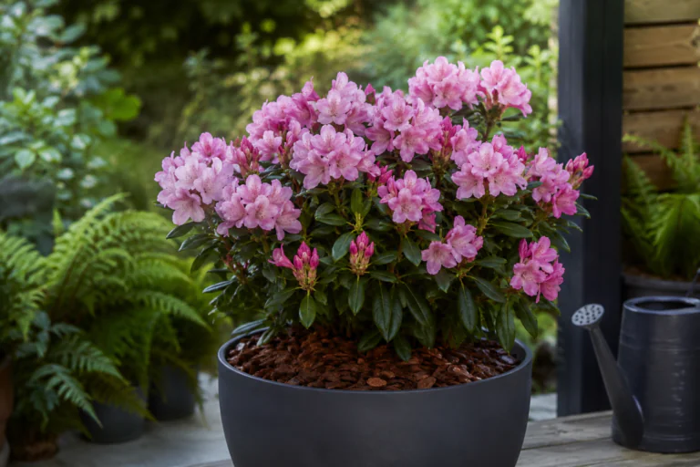 Rhododendron fleuri en pot avec paillage sur une terrasse à mi-ombre