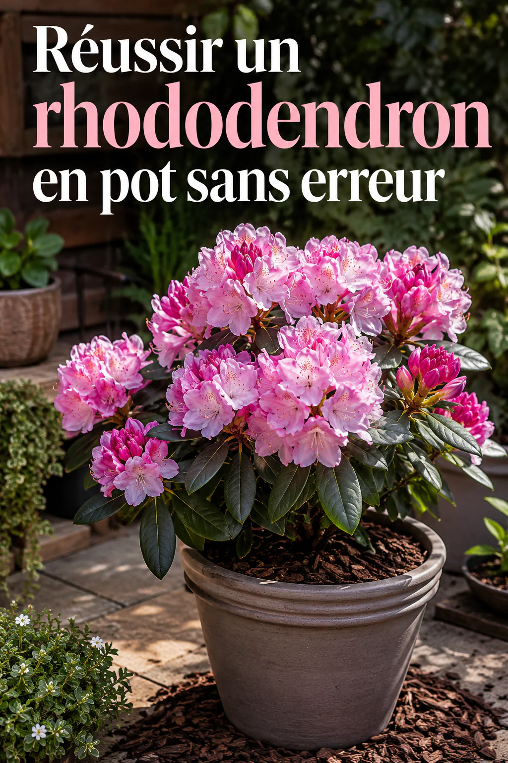 Visuel Pinterest avec le titre Réussir un rhododendron en pot sans erreur