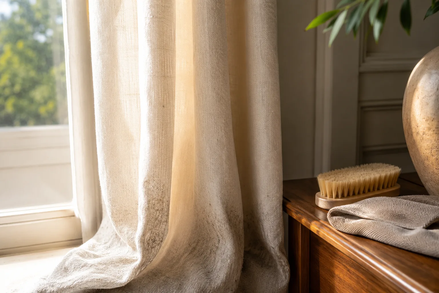 Rideaux clairs avec brosse douce et chiffon pour un entretien sans lavage complet