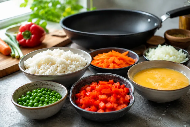 Ingrédients pour préparer un riz sauté aux légumes à la poêle