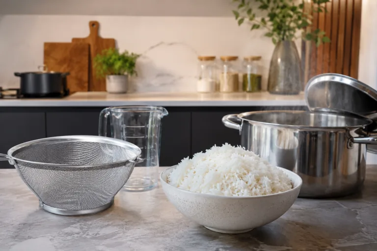 Bol de riz aux grains séparés avec casserole et verre doseur