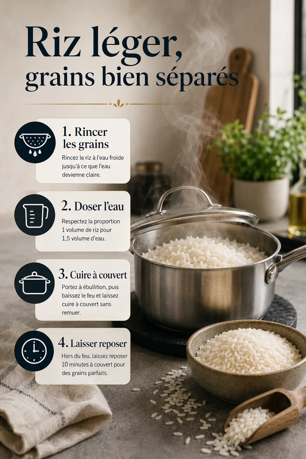 Infographie étapes pour réussir un riz non collant