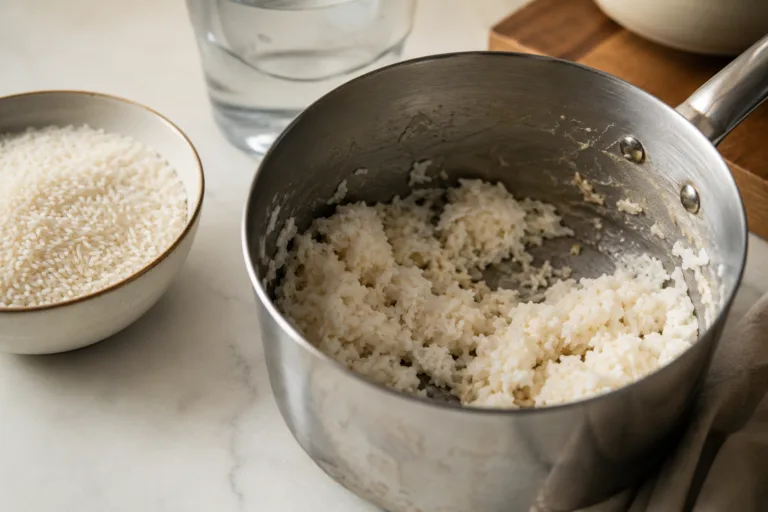 Riz collant dans une casserole avant correction de cuisson