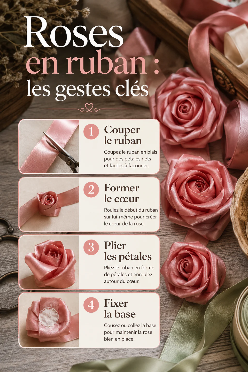 Infographie avec les gestes clés pour créer des roses en ruban