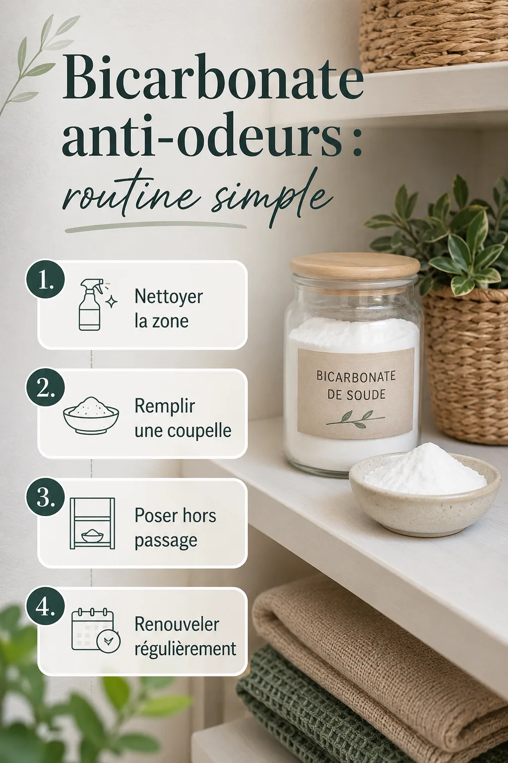Infographie routine simple avec bicarbonate pour limiter les odeurs