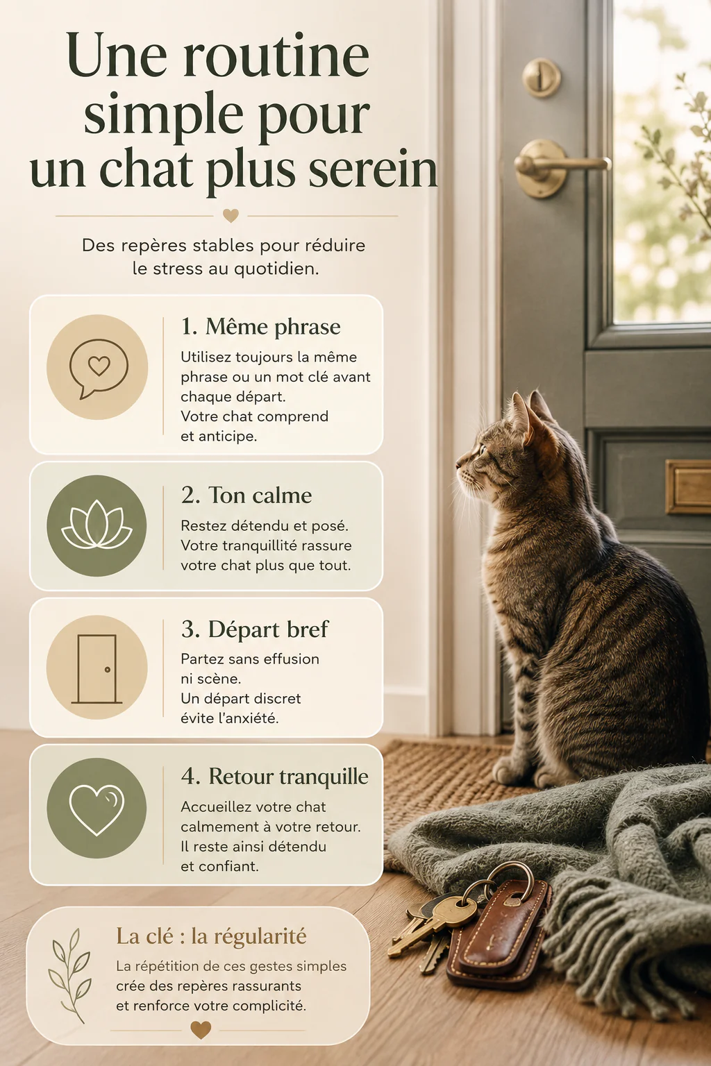 Infographie des étapes d'une routine simple pour un chat plus serein