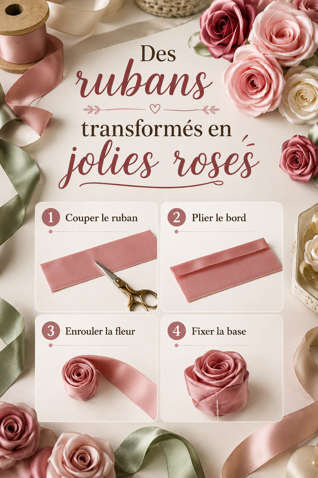 Infographie avec étapes pour créer des roses en ruban