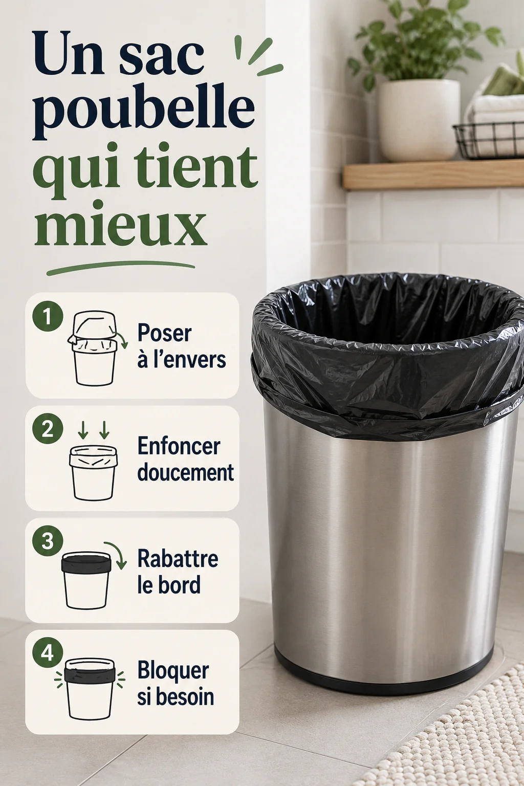 Infographie avec les gestes pour installer un sac poubelle qui tient mieux