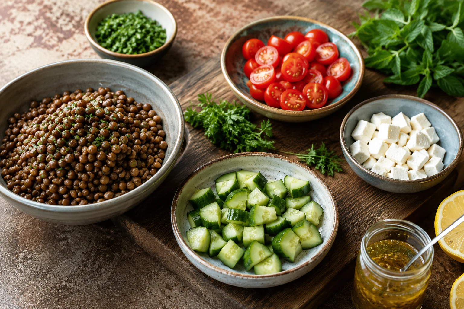 Ingrédients pour une salade de lentilles fraîche et bien assaisonnée
