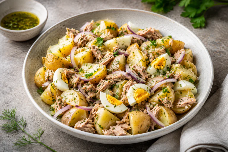 Salade de pommes de terre au thon, œufs durs et herbes fraîches
