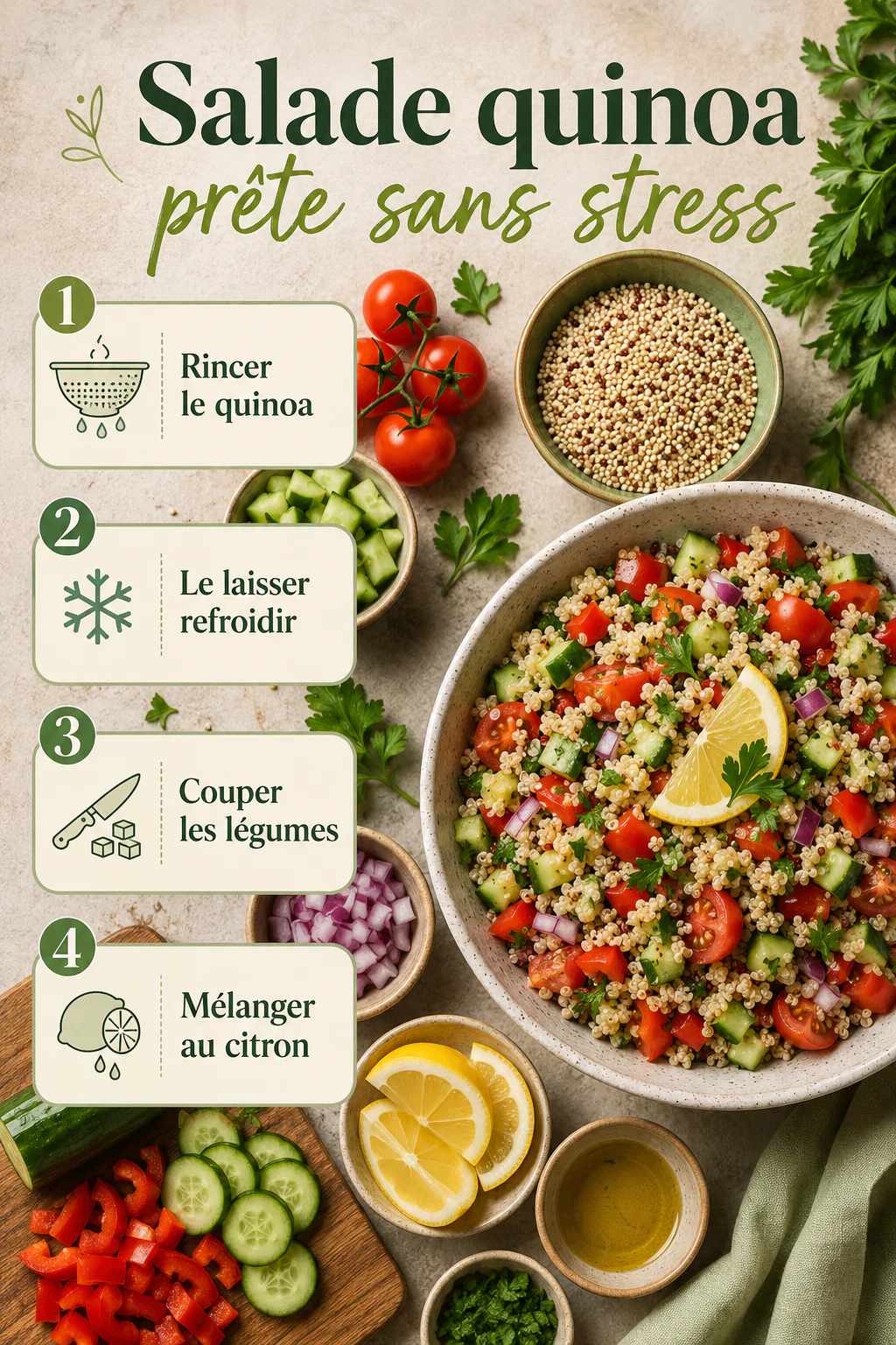 Infographie des étapes pour réussir une salade quinoa citronnée