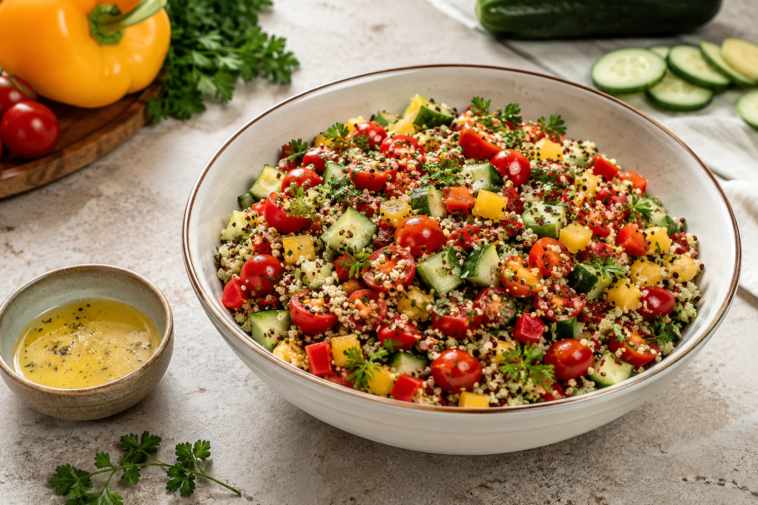 Salade quinoa et légumes avec vinaigrette citronnée