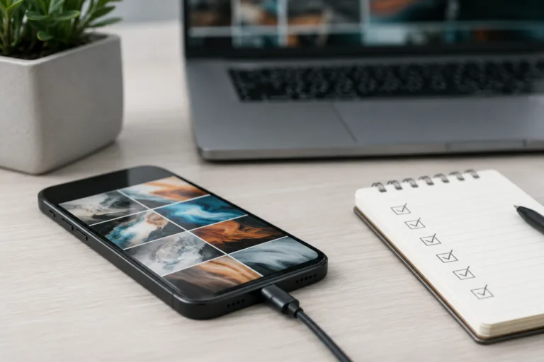 Téléphone posé sur un bureau avec galerie de photos et ordinateur en arrière-plan