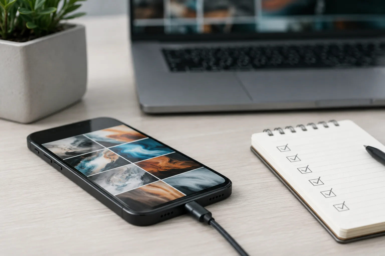 Téléphone posé sur un bureau avec galerie de photos et ordinateur en arrière-plan