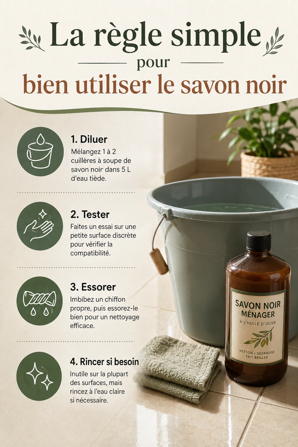 Infographie des étapes pour diluer, tester, essorer et rincer le savon noir