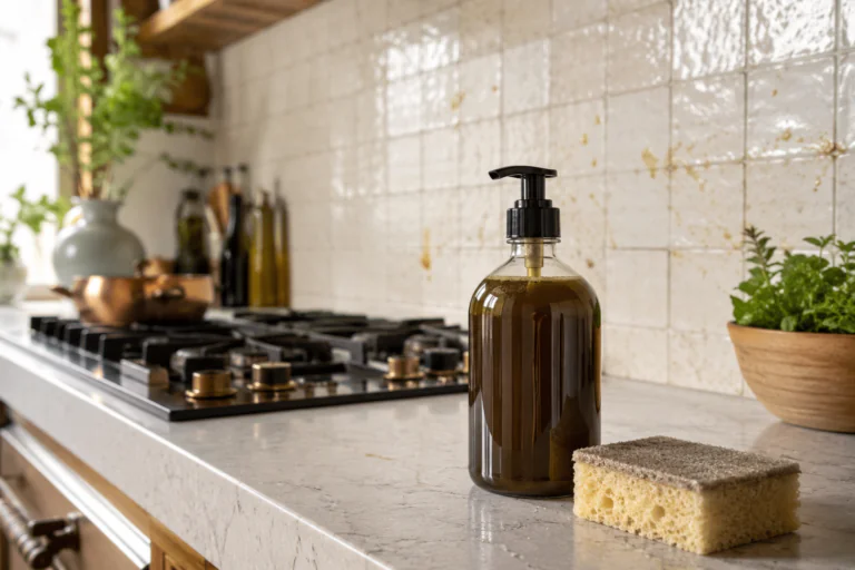 Flacon de savon noir ménager devant une crédence de cuisine avec traces grasses visibles