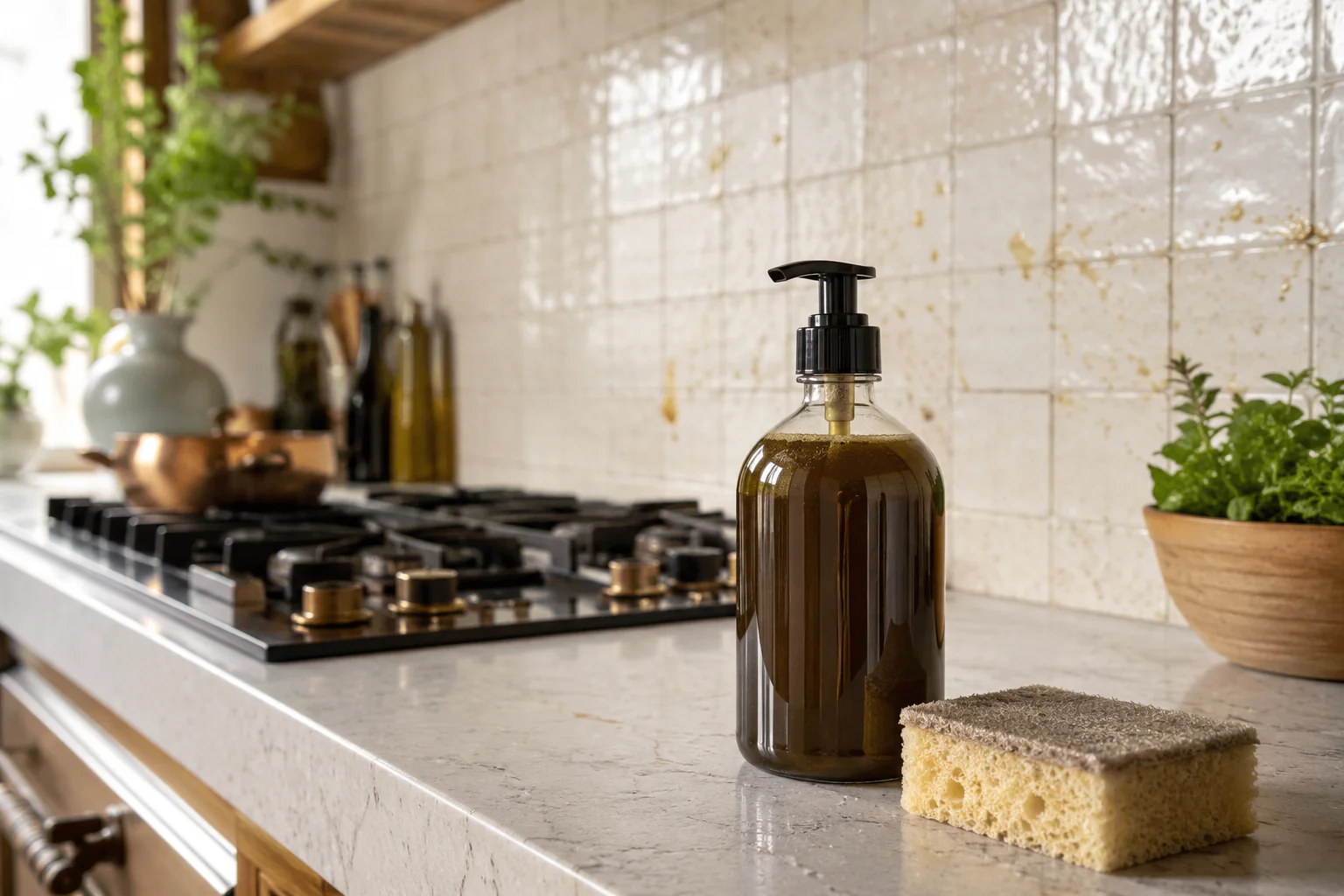 Flacon de savon noir ménager devant une crédence de cuisine avec traces grasses visibles