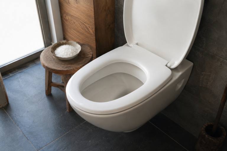 Coupelle de gros sel près d'une cuvette propre