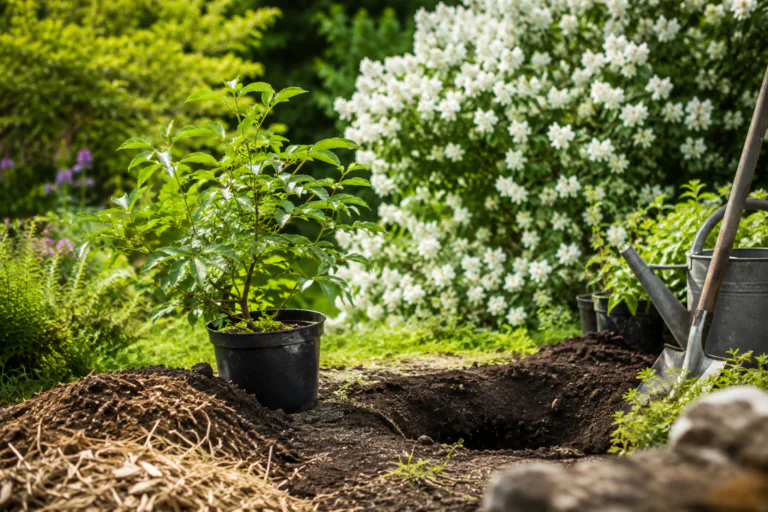 Jeune seringat en pot près d’un trou de plantation dans un jardin lumineux
