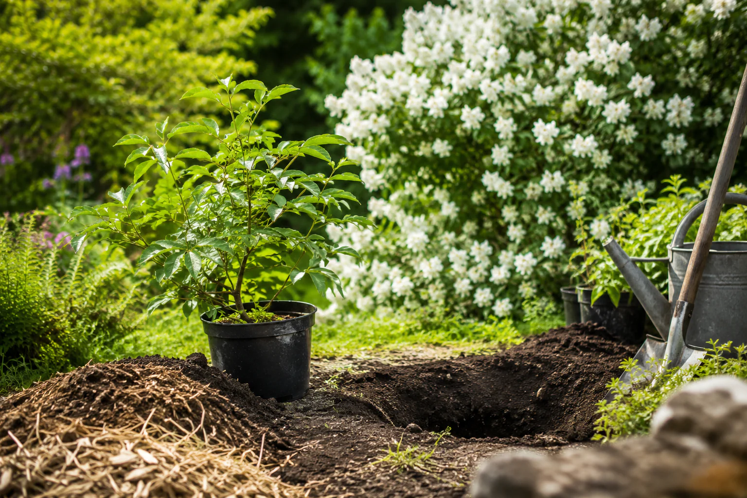 Jeune seringat en pot près d’un trou de plantation dans un jardin lumineux
