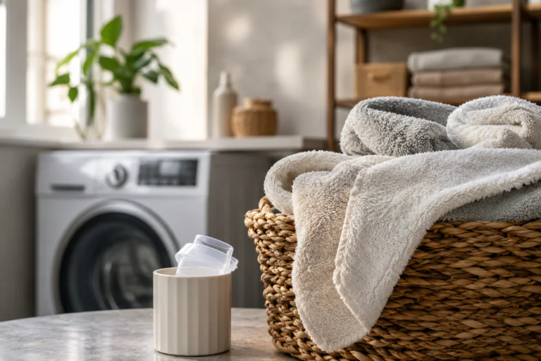 Visuel à la une montrant des serviettes de bain rêches dans un panier de linge