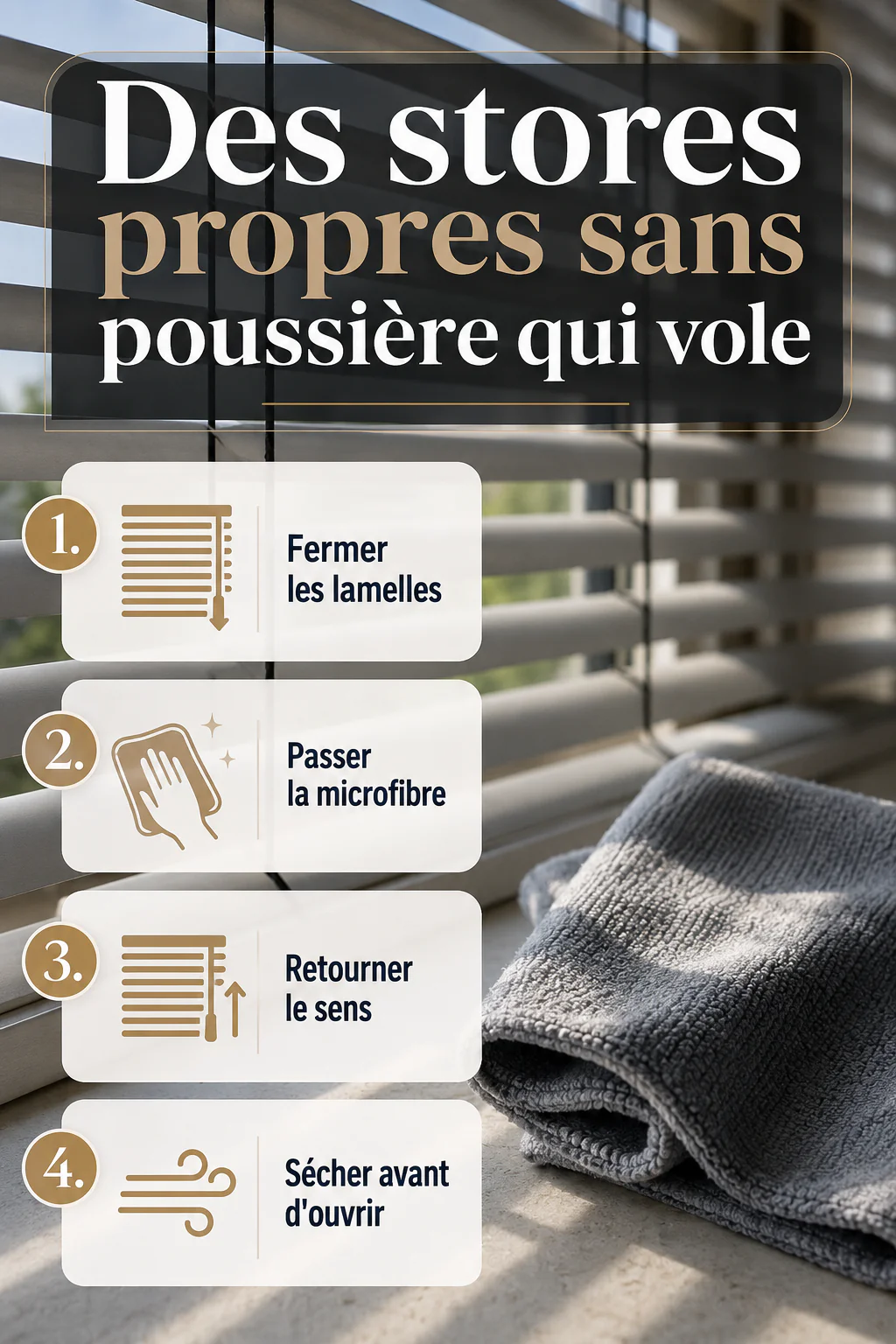 Infographie des étapes pour dépoussiérer les stores sans étaler la poussière