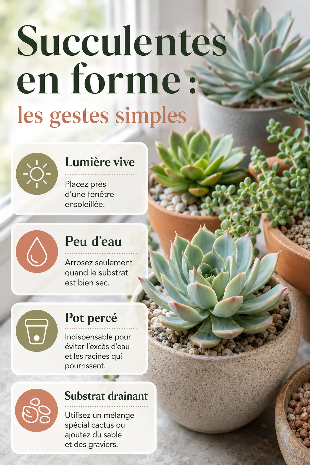 Infographie sur la lumière, l'arrosage et le substrat des plantes succulentes