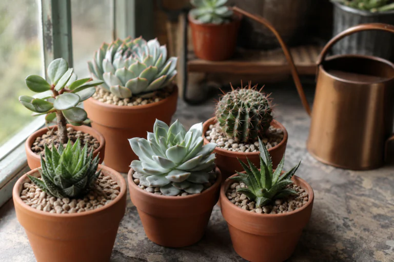 Succulentes en pots près d'une fenêtre avec substrat drainant