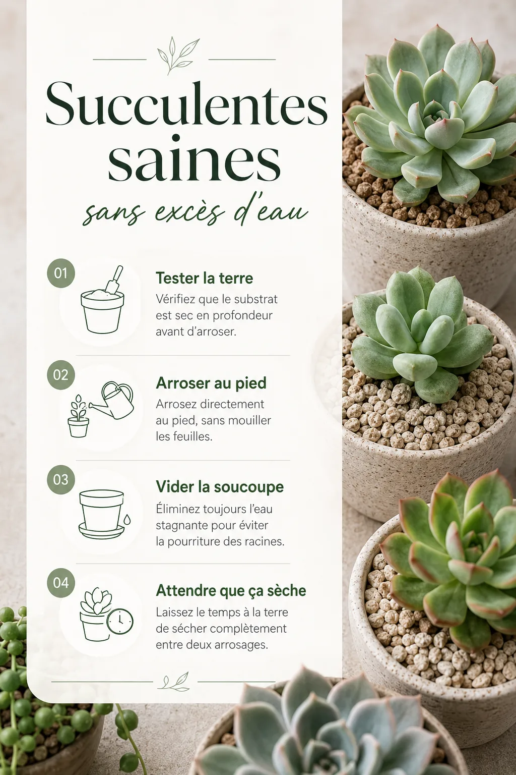 Infographie des étapes pour arroser les succulentes sans excès d’eau