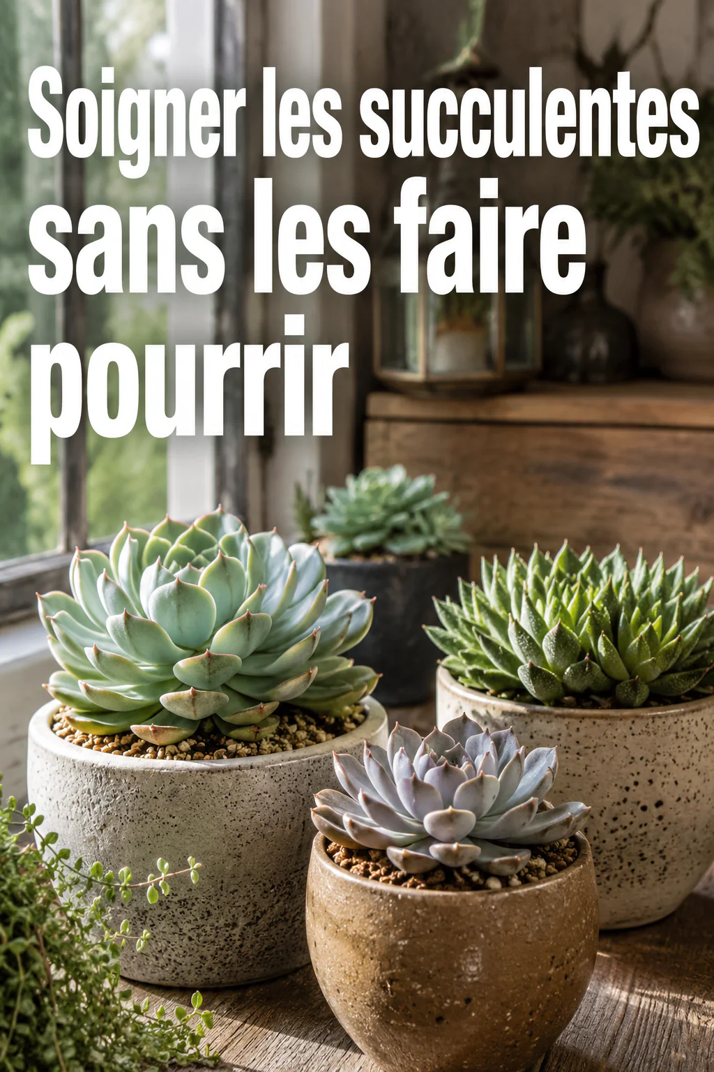 Visuel Pinterest avec succulentes et titre Soigner les succulentes sans les faire pourrir