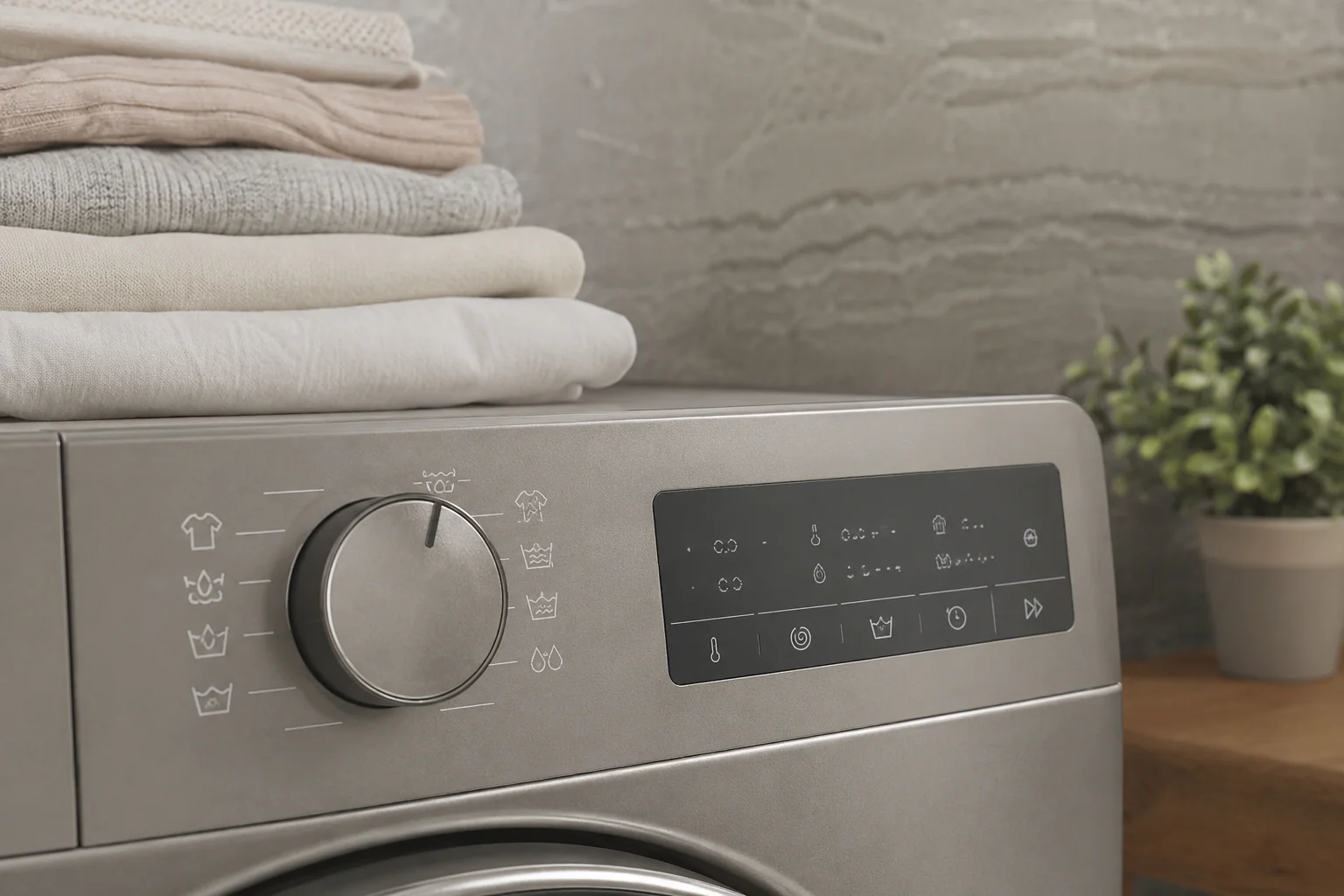 Panneau de lave-linge générique avec symboles de lavage et linge plié à côté
