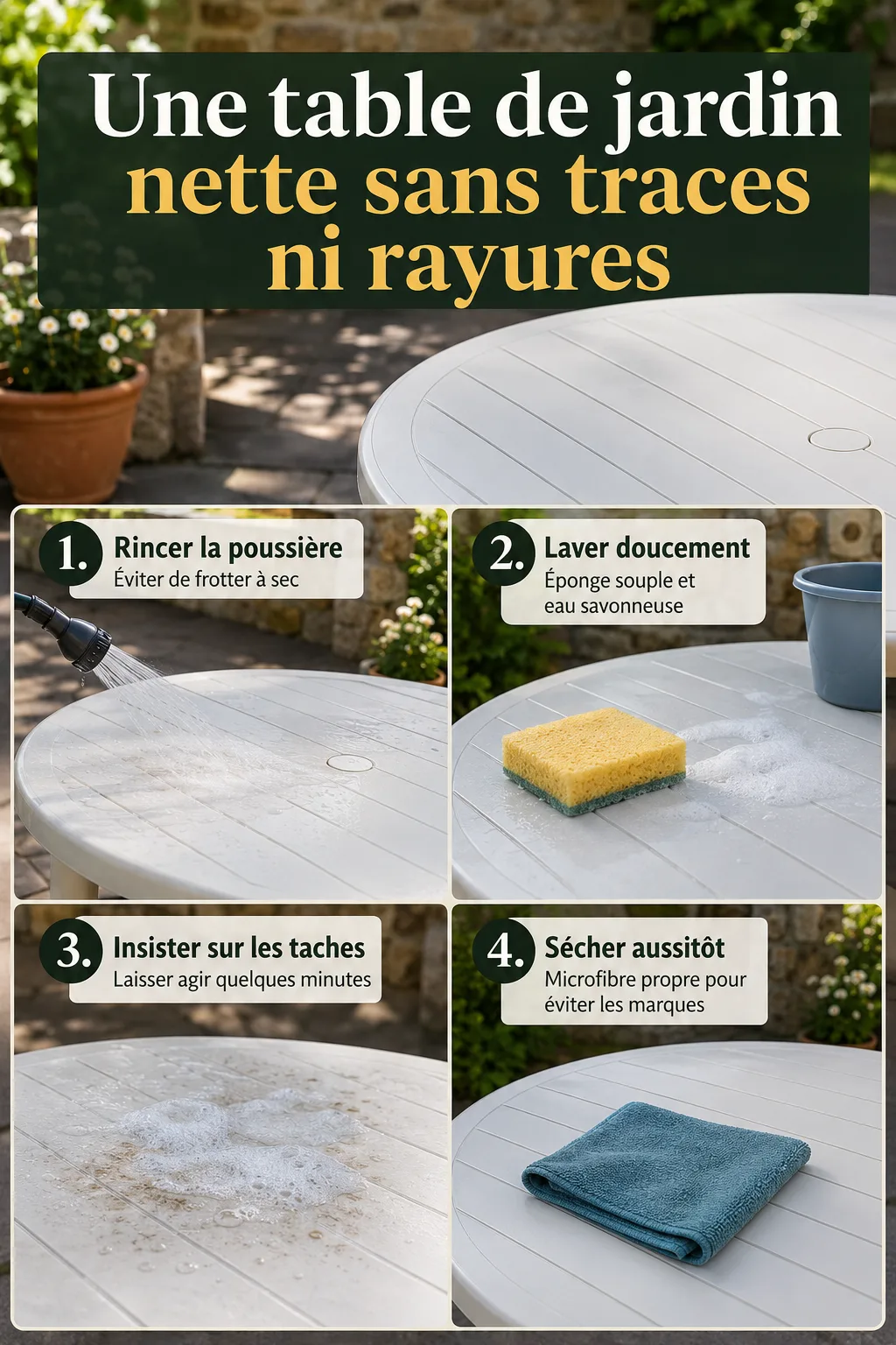Infographie des étapes pour nettoyer une table de jardin en plastique