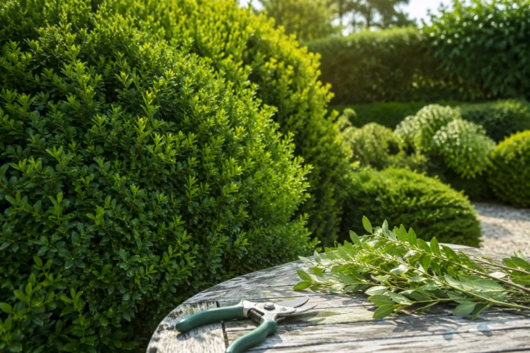 Arbustes de jardin avec secateur et branches coupees
