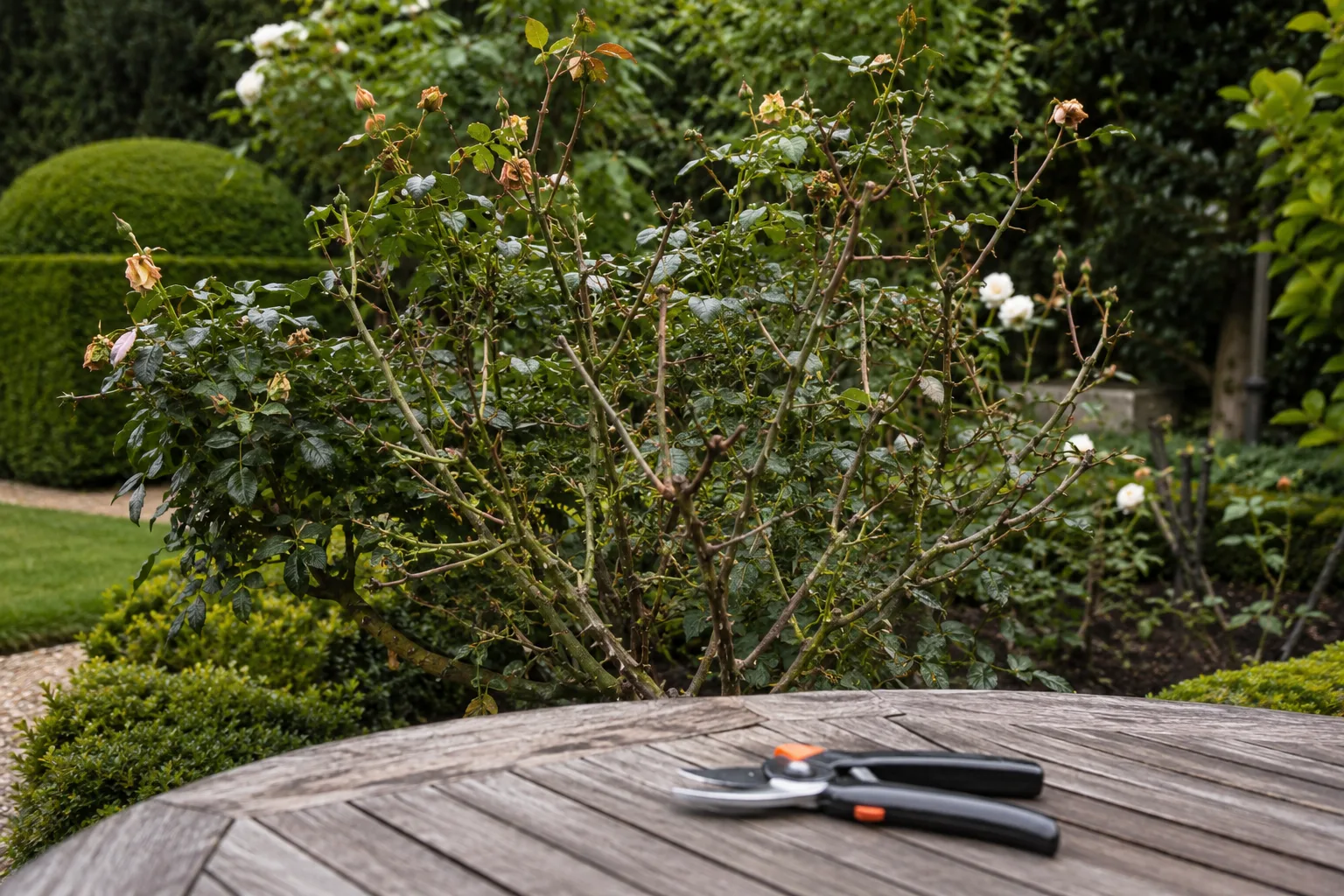 Rosier avec branches à tailler et sécateur posé à côté