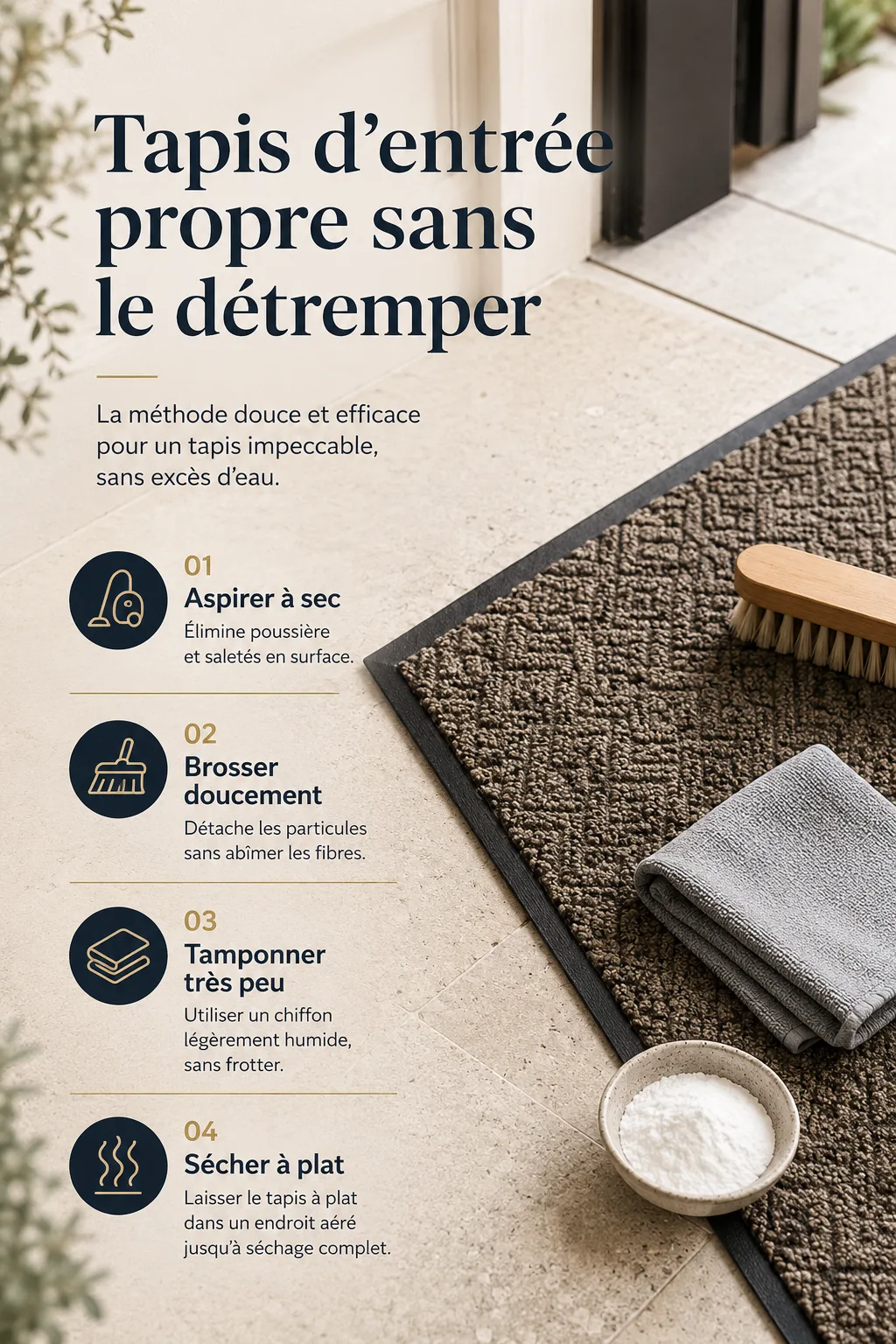 Infographie avec les étapes pour nettoyer un tapis d'entrée sans le détremper