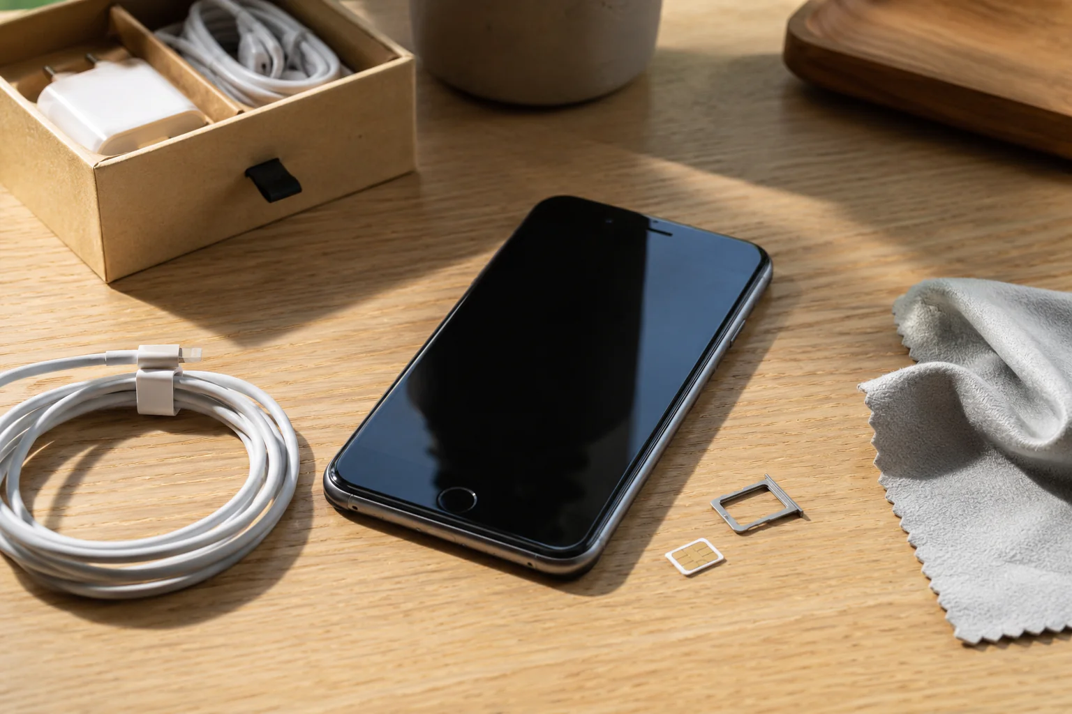 Ancien téléphone préparé avant la vente avec carte SIM retirée et accessoires