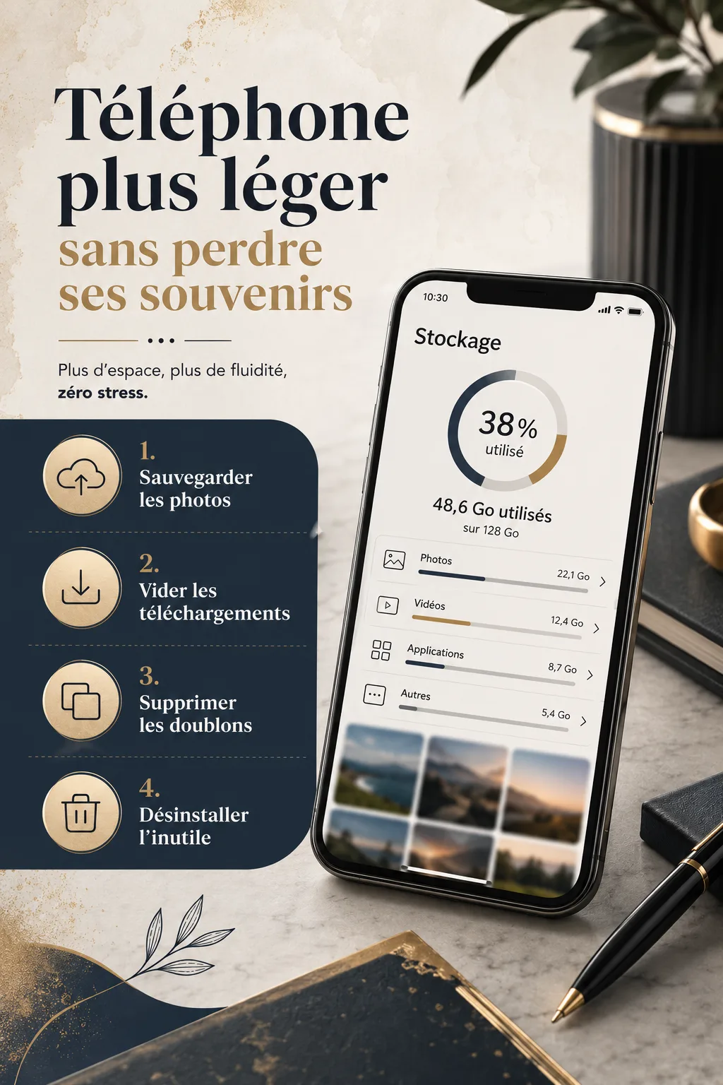 Infographie avec étapes pour libérer de l’espace sur un téléphone sans perdre ses souvenirs