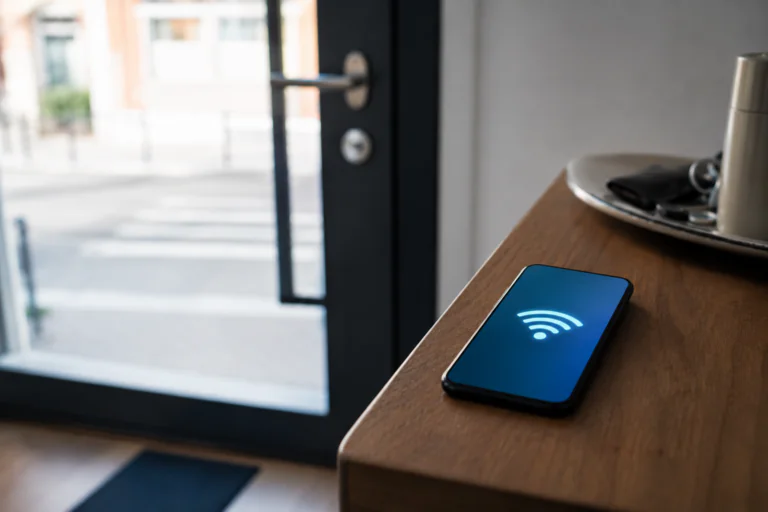 Smartphone près d’une porte d’entrée avec icône Wi-Fi générique