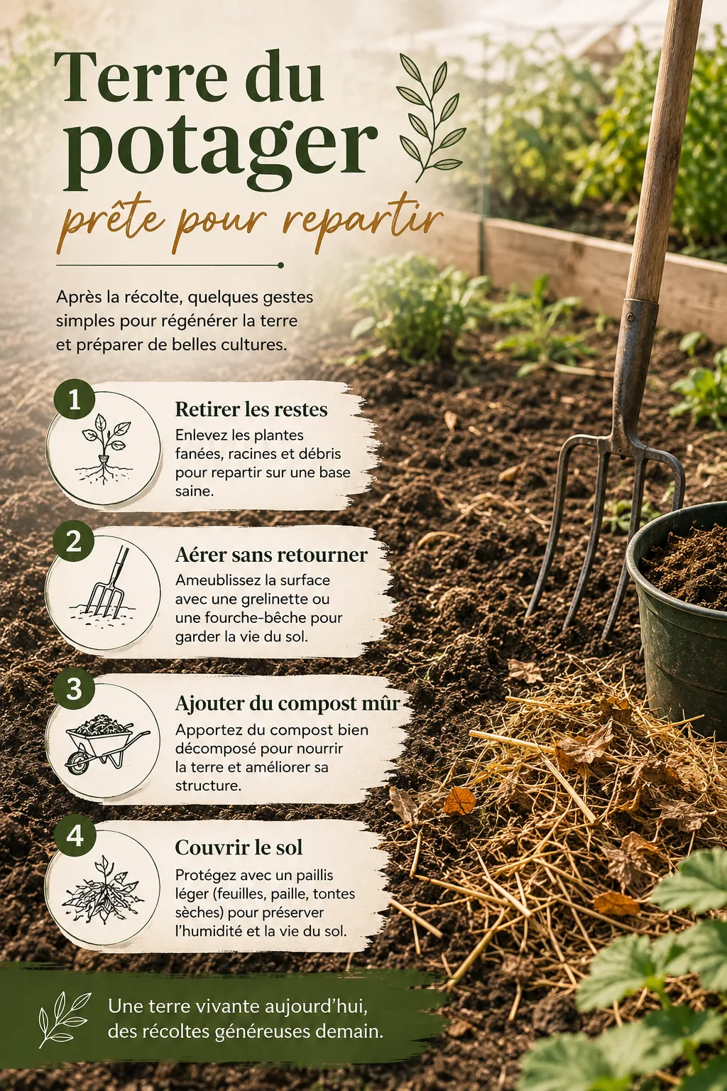 Infographie avec les étapes pour préparer la terre du potager après une récolte