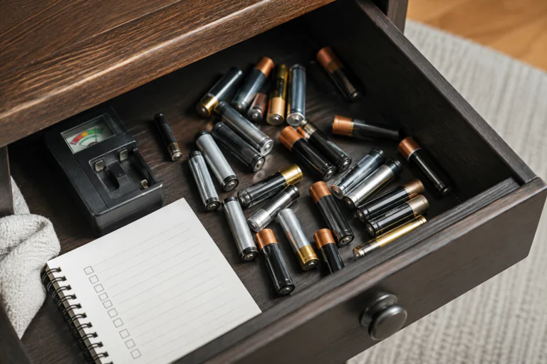 Piles AA et AAA mélangées avec un testeur de piles sur un bureau