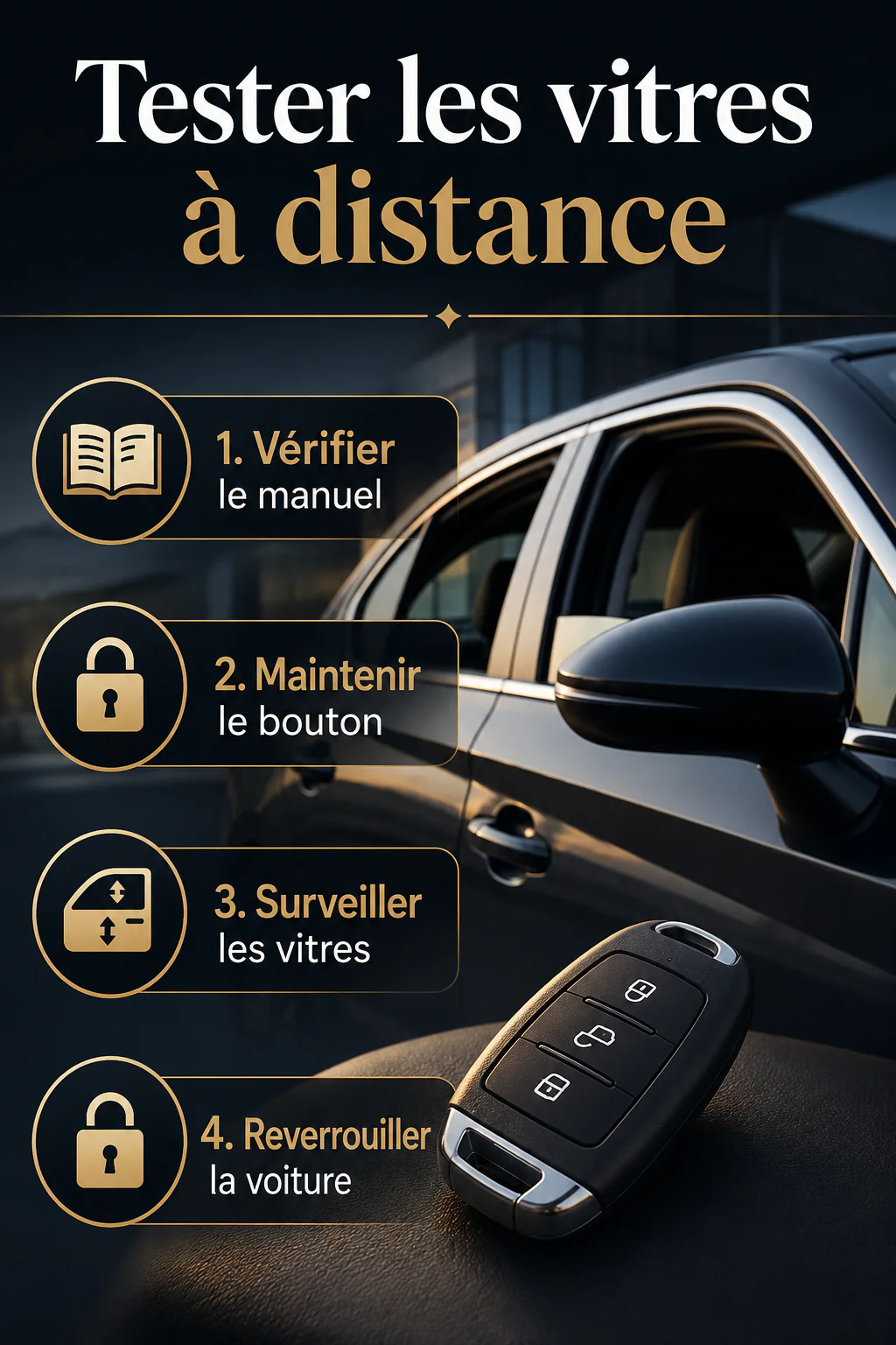 Infographie pour tester les vitres à distance avec la télécommande